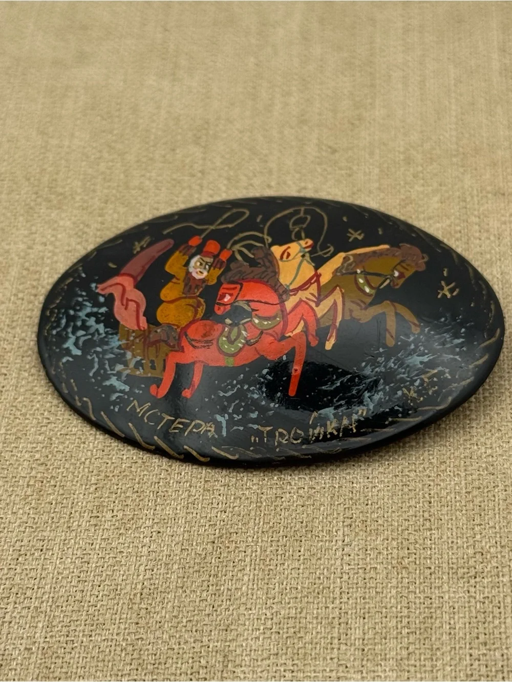 Russian Hand-Painted Black Lacquer Horse Scene Decorative Plaque